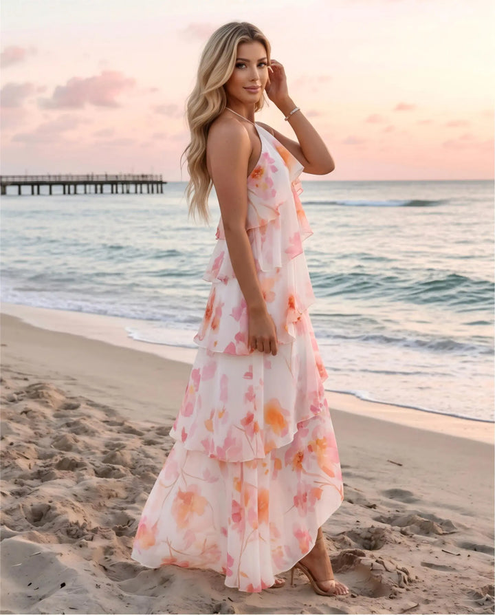SOLACE  White Floral Vacation Tiered Ruffled Relaxed Maxi Dress 