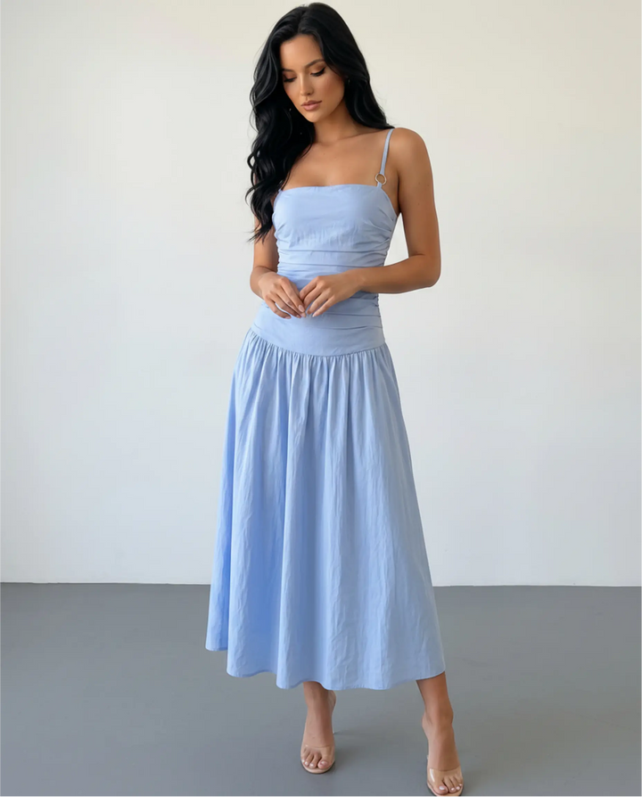 SOLACE  Light Blue Ruched Spaghetti Strap Midi Dress 