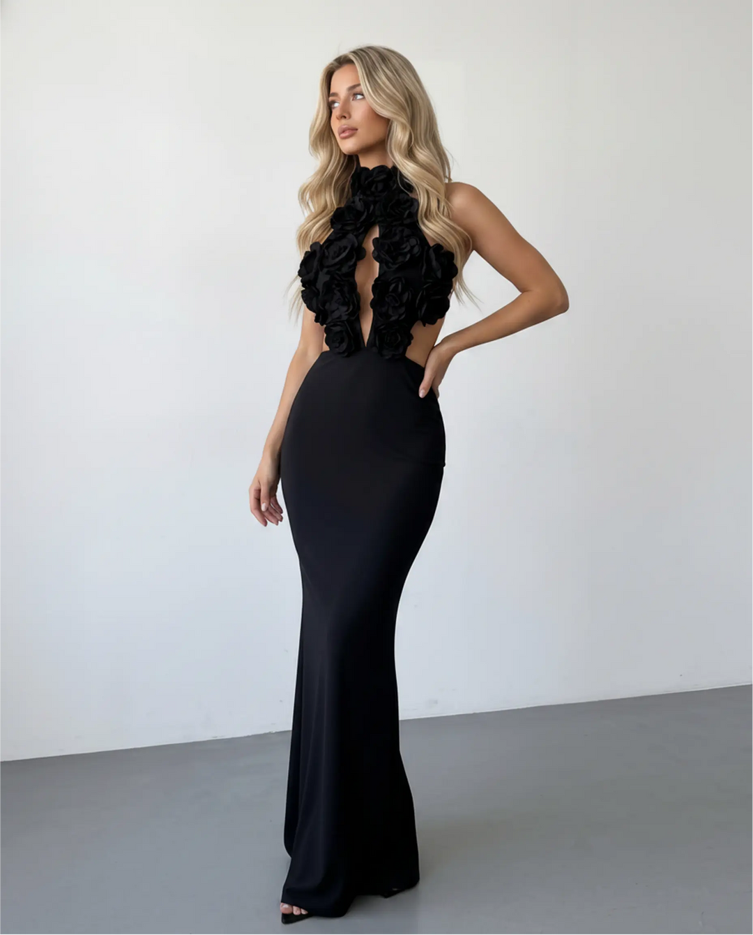 SOLACE  Black 3D Floral Halter Neck Cutout Lace Up Mermaid Maxi Dress 