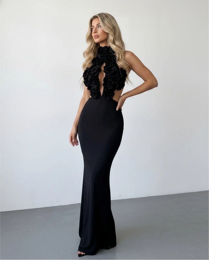 SOLACE  Black 3D Floral Halter Neck Cutout Lace Up Mermaid Maxi Dress 