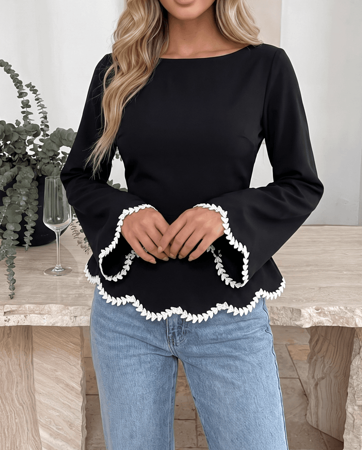 Lace Trim Back Tie Waist Long Sleeve Peplum Shirts