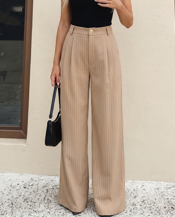 SOLACE  Beige Pinstripe High Waist Pleated Wide Leg Trousers 