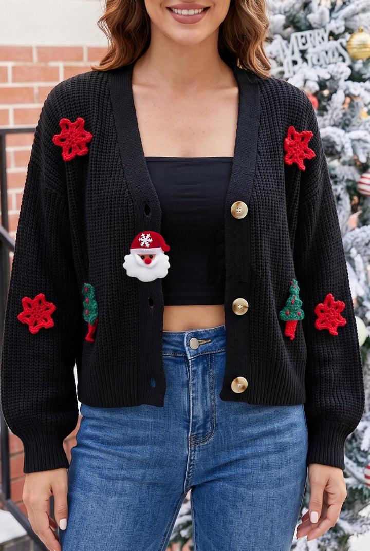Santa Tree Snowflake 3D Pattern Long Sleeve Cardigan