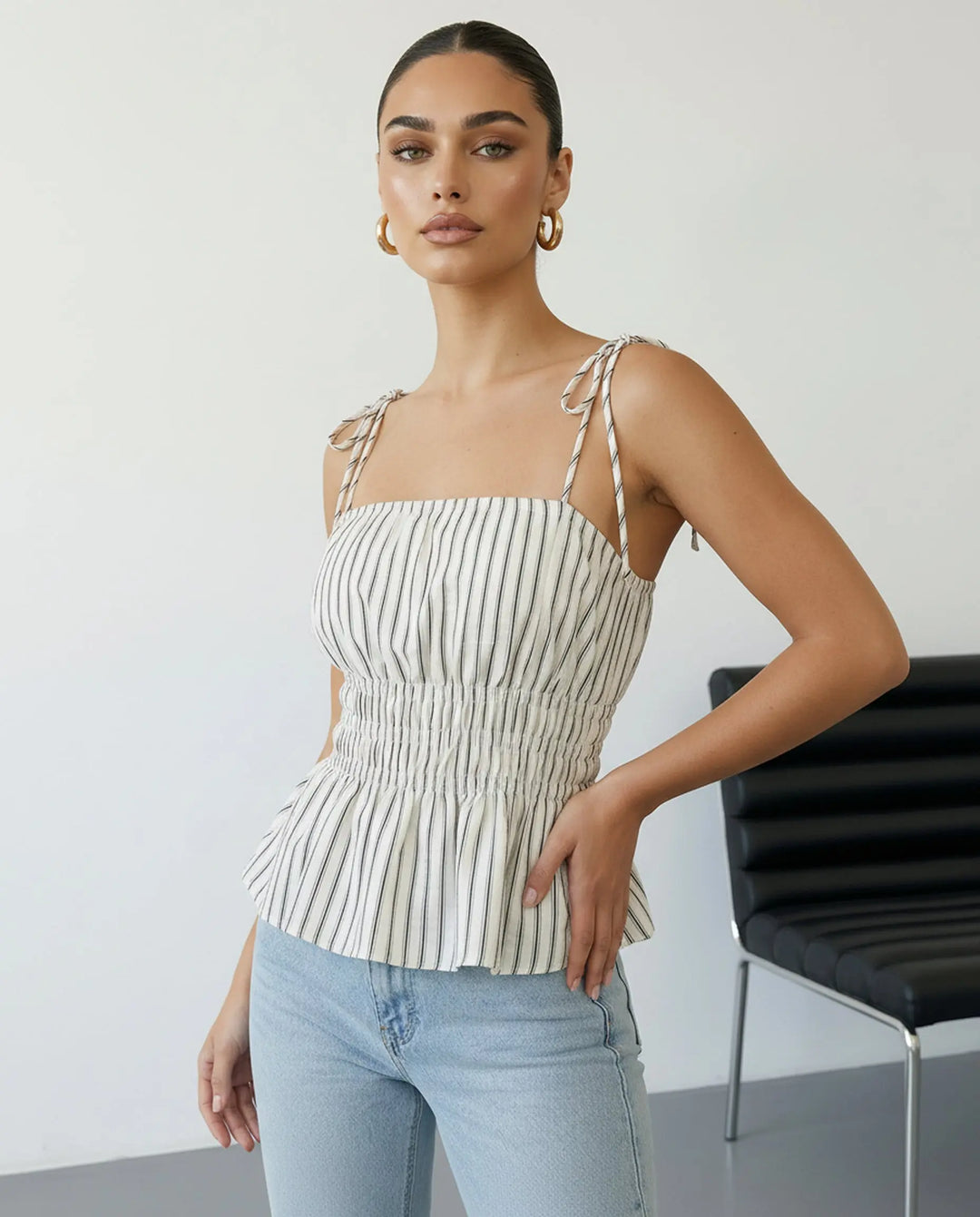 SOLACE  Striped Tie Shoulder Smocked Waist Peplum Cami Top 