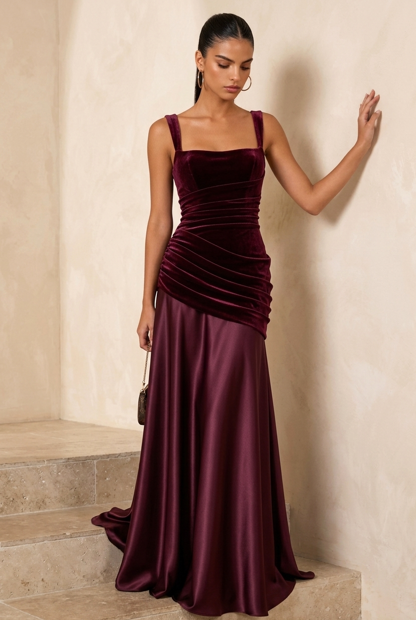 Burgundy Velvet Satin Mix Maxi Evening Dress