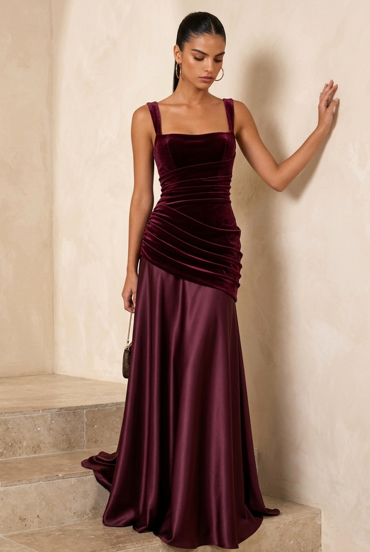 Burgundy Velvet Satin Mix Maxi Evening Dress