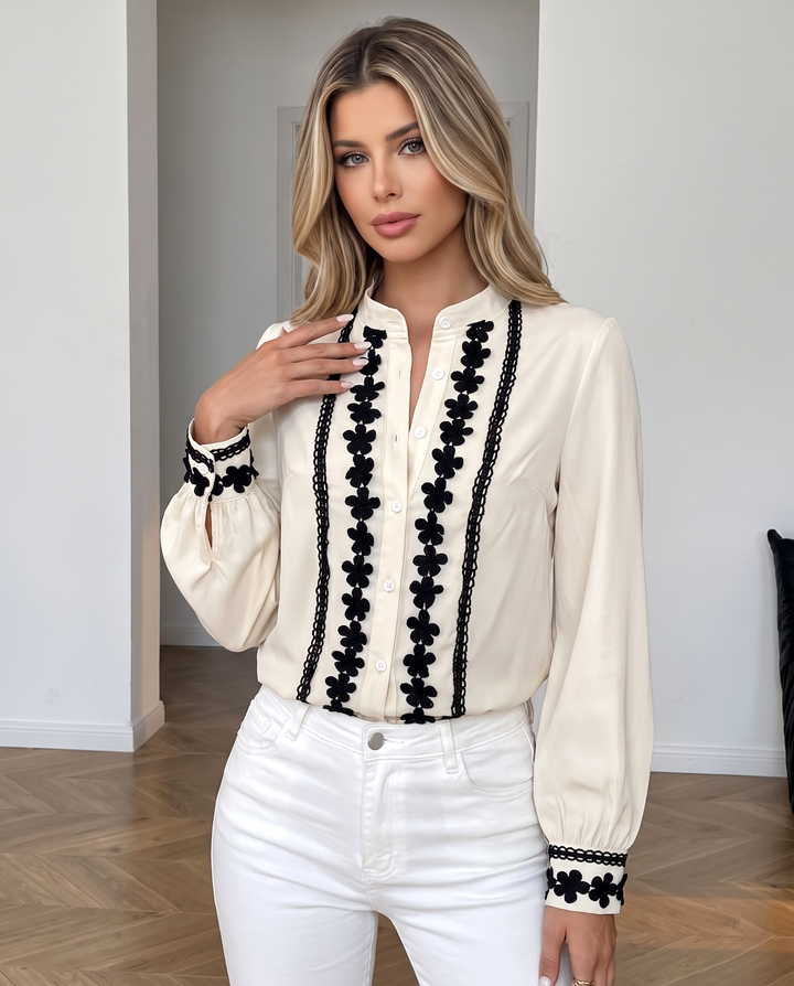 Floral Embroidery Button Front Long Sleeve Blouse