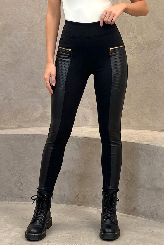 Black PU Patchwork Zipper Bodycon Trousers