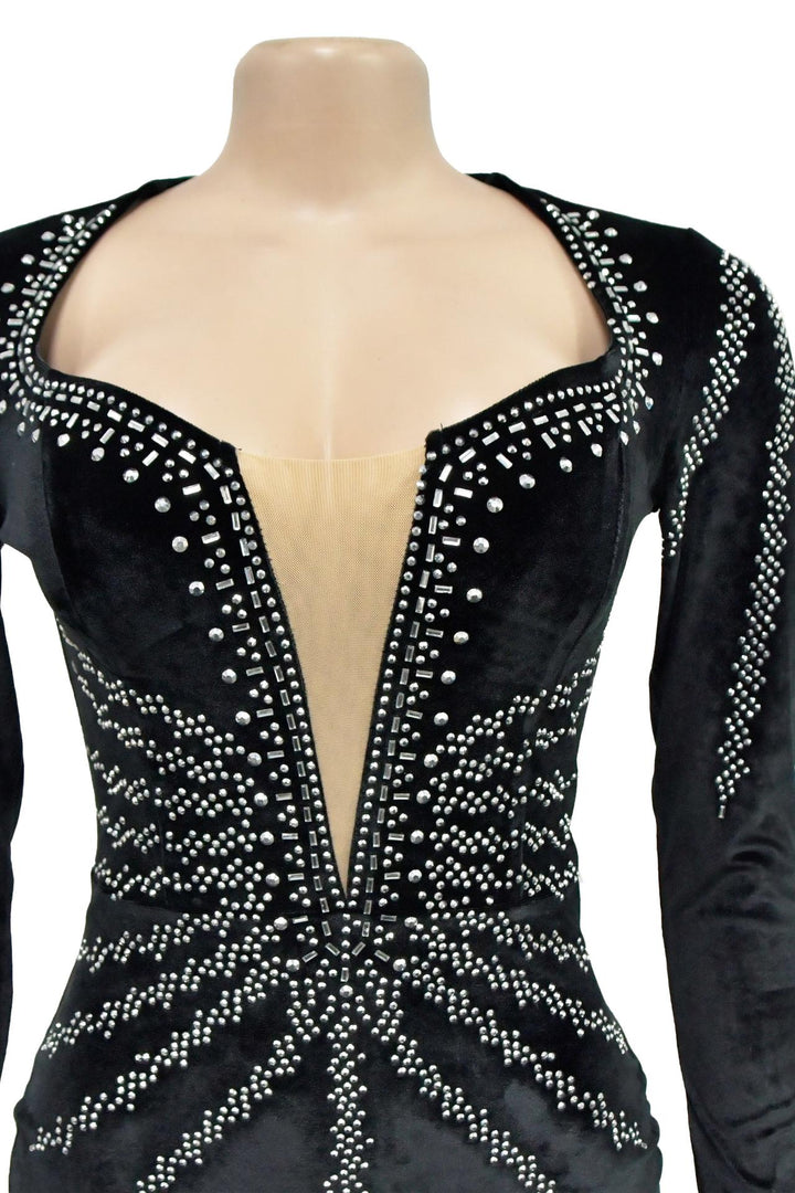 Velvet Rhinestone Long Sleeve Mermaid Formal Evening Gown