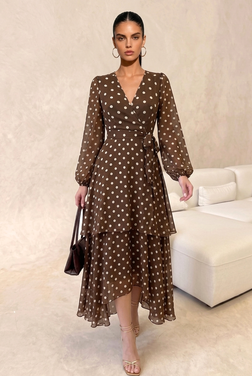 Long Puff Sleeve Chiffon Polka Dot Midi Dress