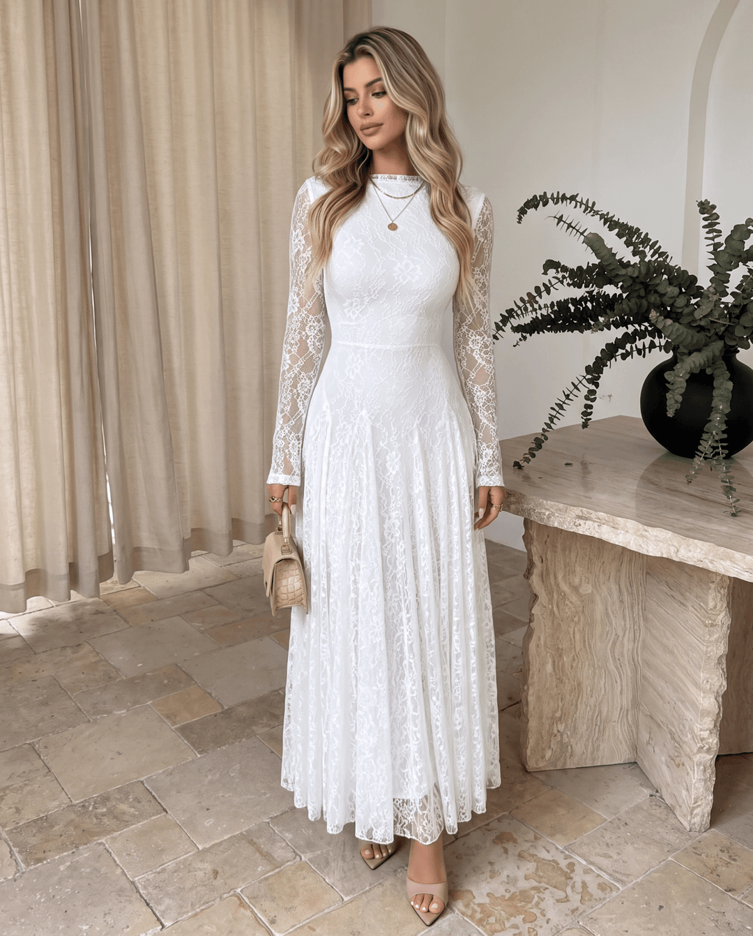 Elegant High‑Neck Lace Maxi Dress