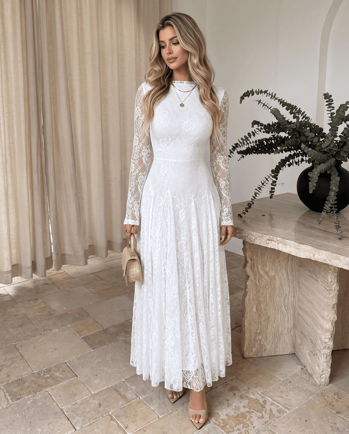 Elegant High‑Neck Lace Maxi Dress