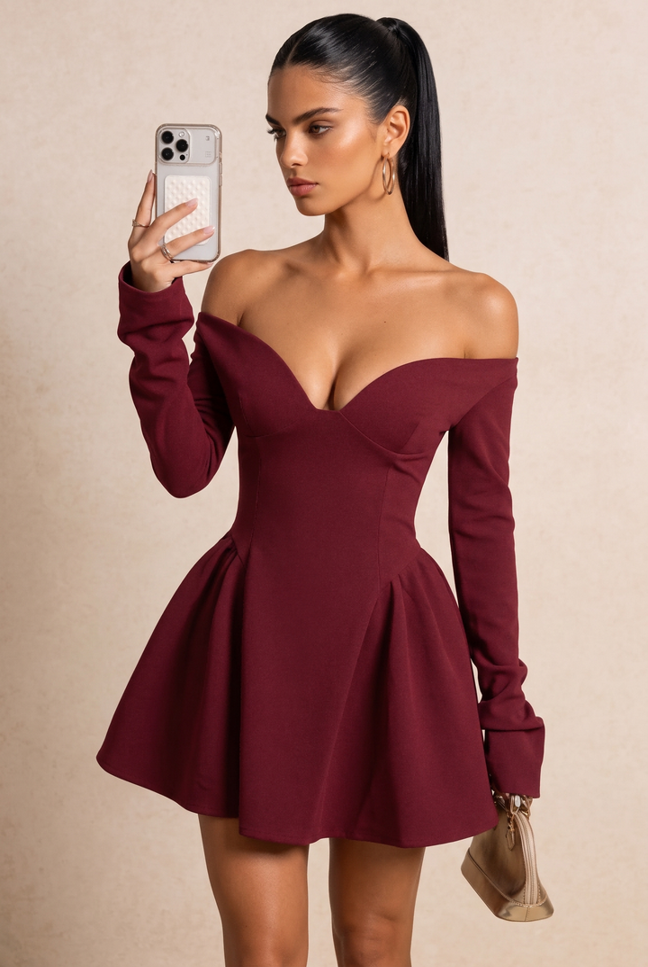 Elegant High Waist V Neck Off Shoulder Long Sleeve Evening Mini Dress