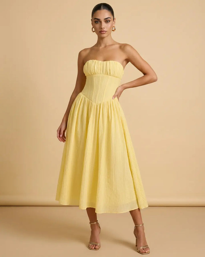SOLACE  Yellow Corset Ruched Bodice Slim Fit Midi Dress 