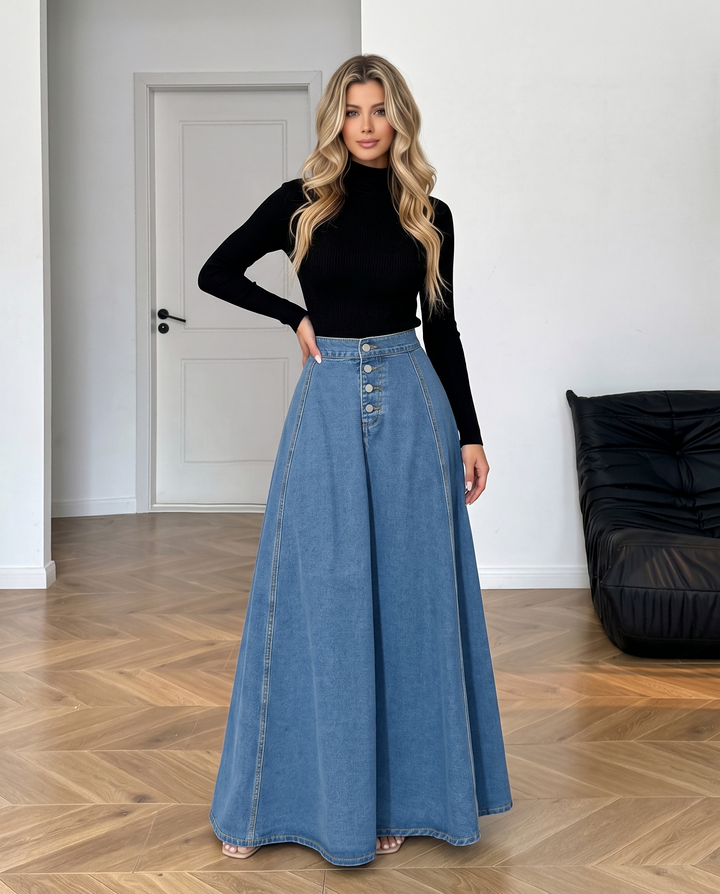 High Waist Button Flared Maxi Denim Skirt