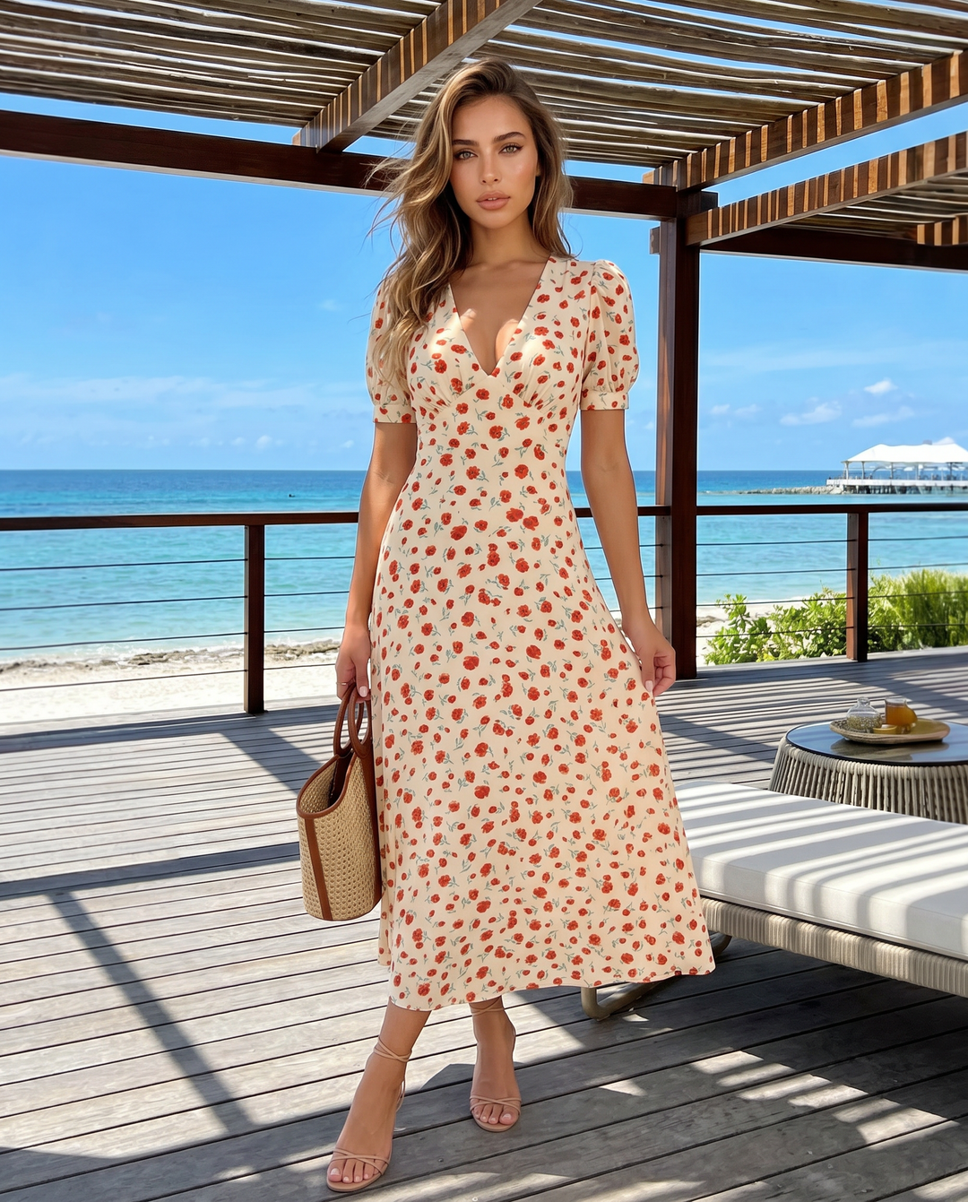Red Ditsy Floral Deep V Neck Puff Sleeve Midi Dress