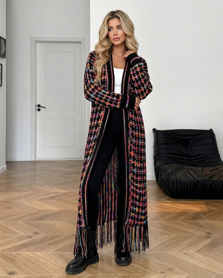Oversized Checkered Tassel Hem Maxi Knit Cardigan