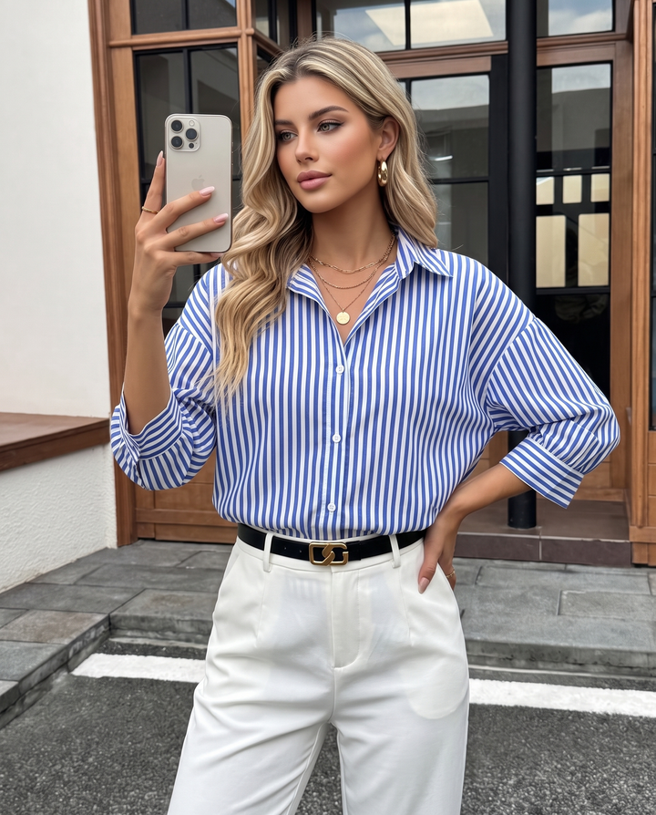 Stripe Collared Three Quarter Sleeve Button Down Shirt