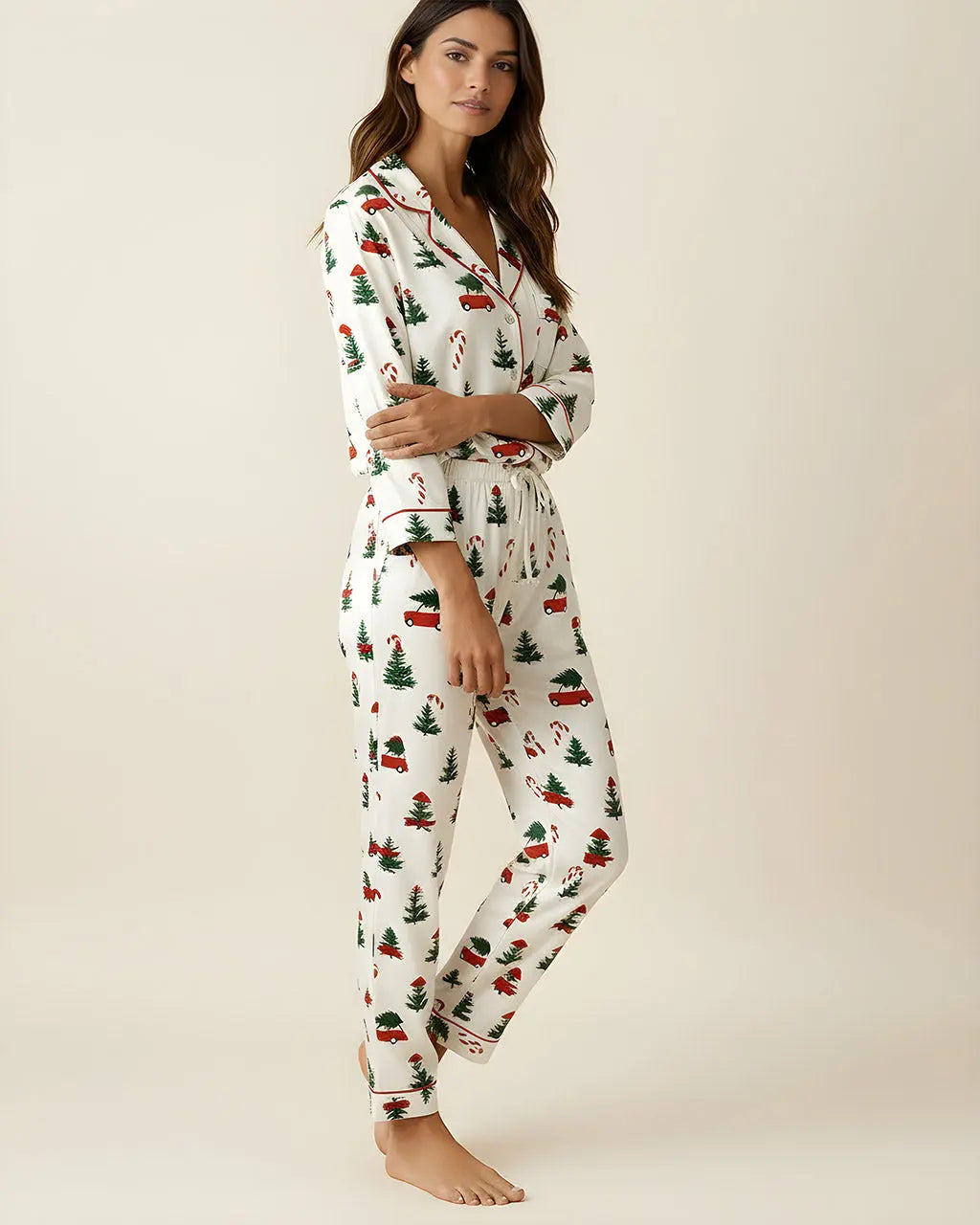 SOLACE CHICChristmas Tree Car Print Pajamas Set