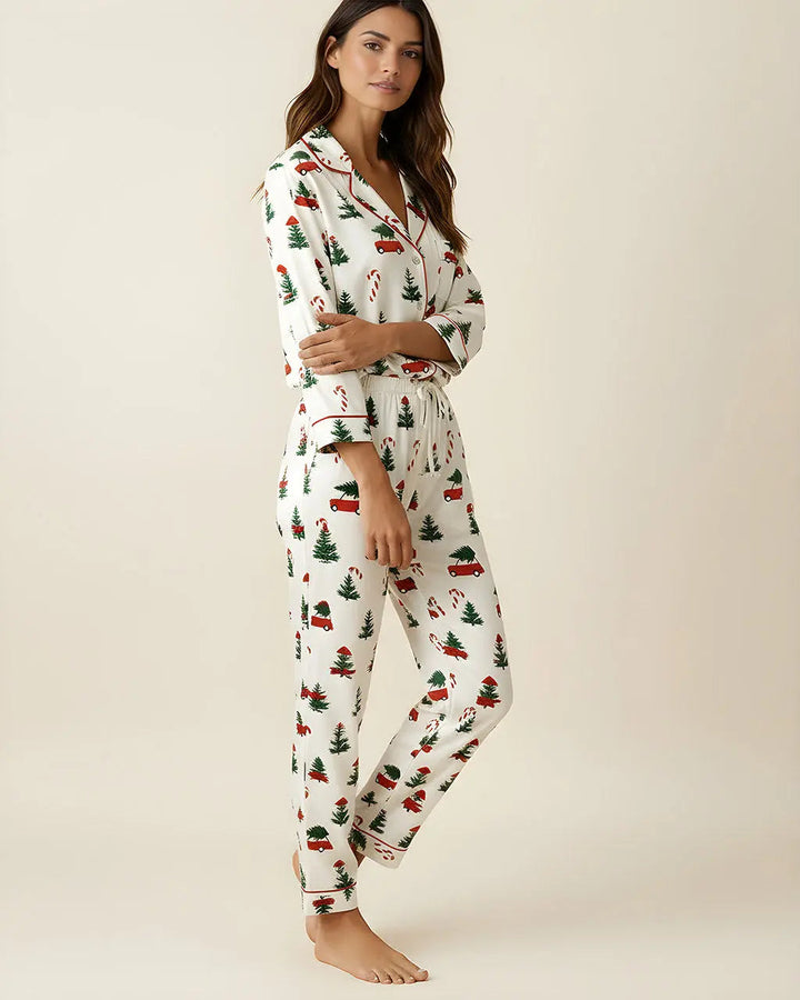 SOLACE CHICChristmas Tree Car Print Pajamas Set