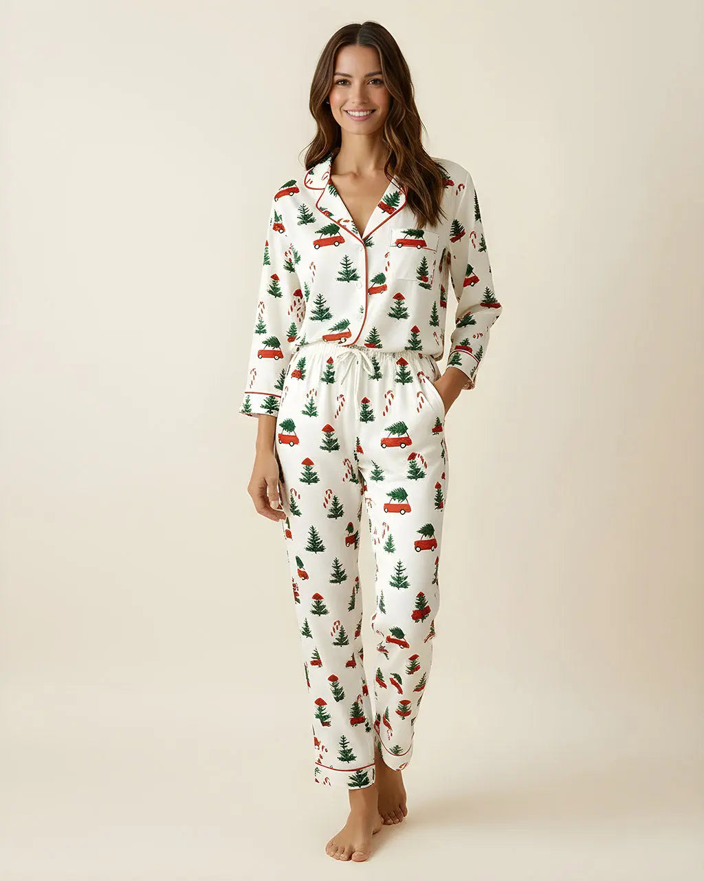 SOLACE CHICChristmas Tree Car Print Pajamas Set