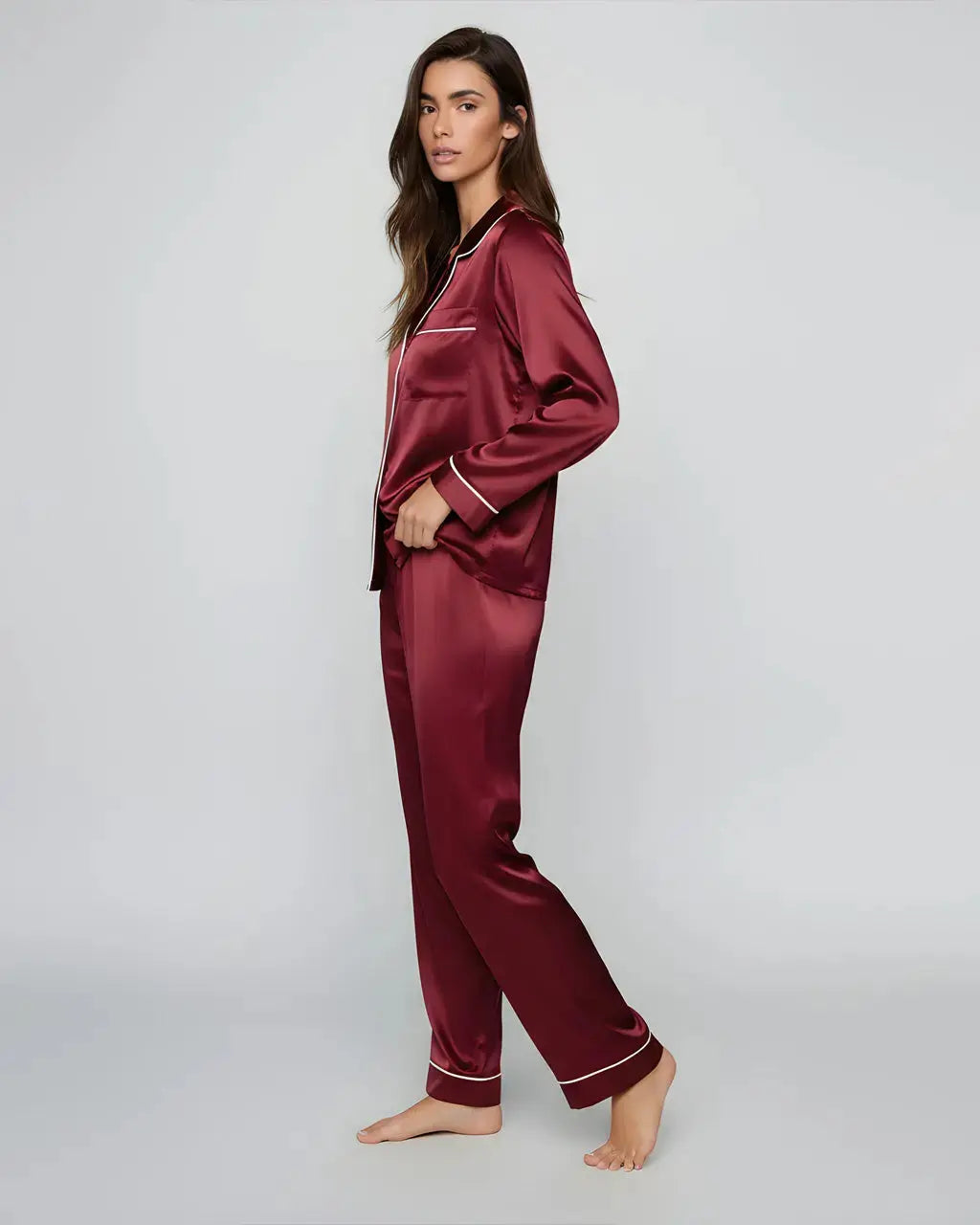 SOLACE CHICComfy Solid Red Satin Pajama Set