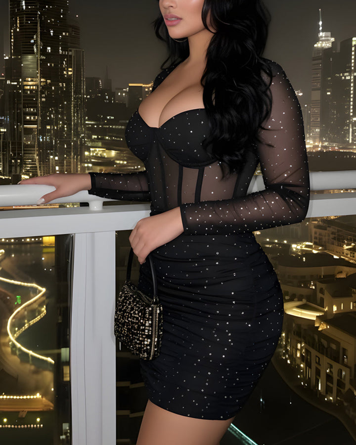 Mesh Diamond Ruffled Bodycon Mini Dress SOLACE