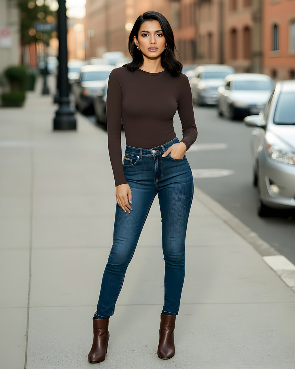 Simple Brown Crew Neck Fitted Top SOLACE