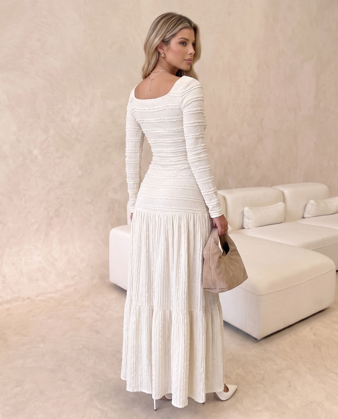 Textured Square Neck Long Sleeve Tiered Maxi Dress