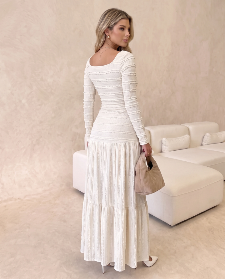 Textured Square Neck Long Sleeve Tiered Maxi Dress