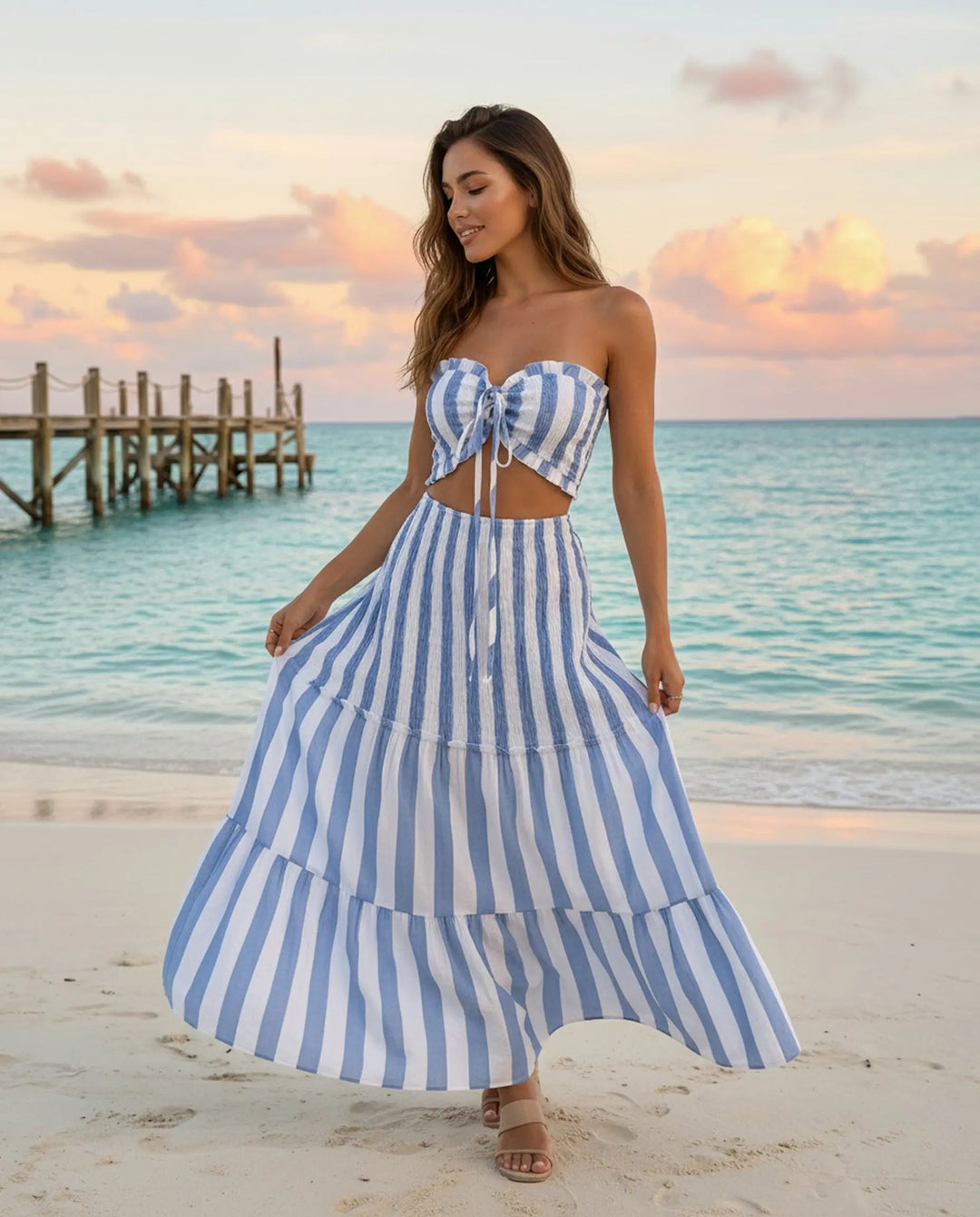 SOLACE  Blue Striped Tie-Front Two-Piece Skirt Set 