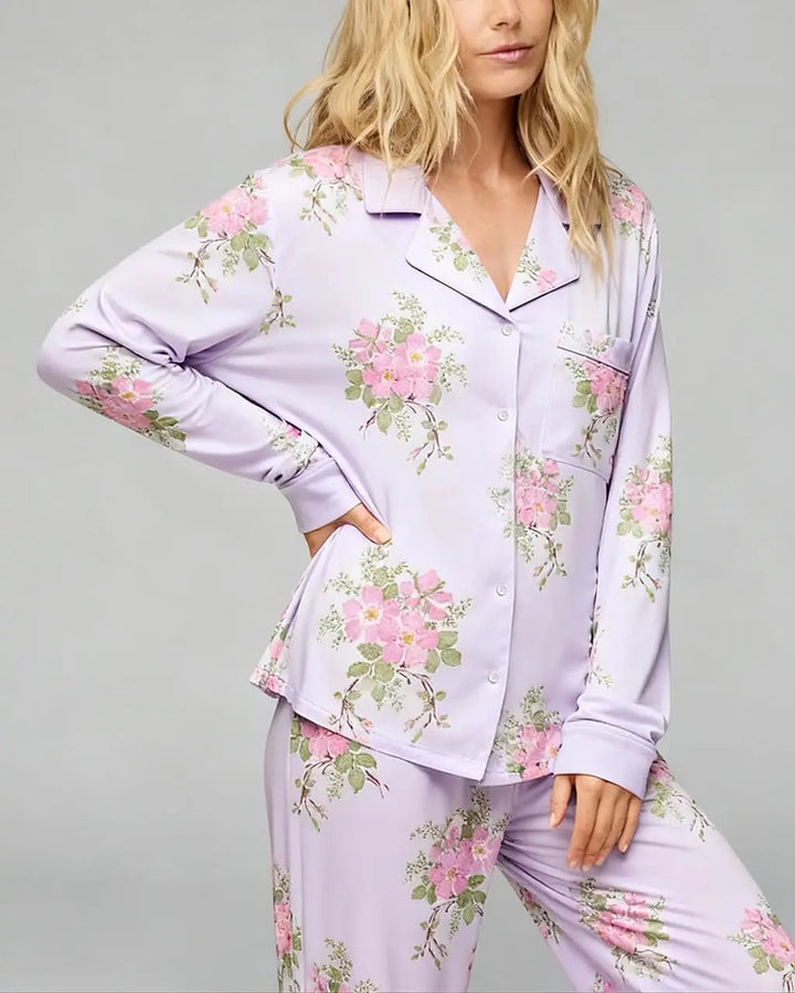 SOLACE CHICElegant Purple Floral Print Pajama Set