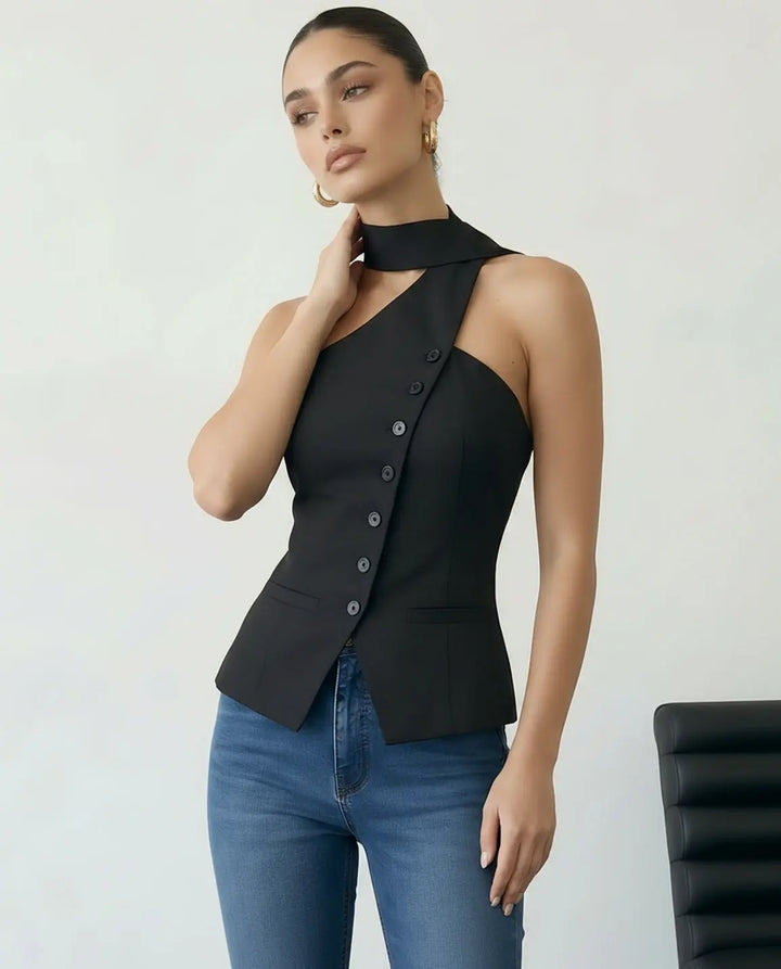 SOLACE  Black Asymmetrical One Shoulder Neck Tie Blouse 