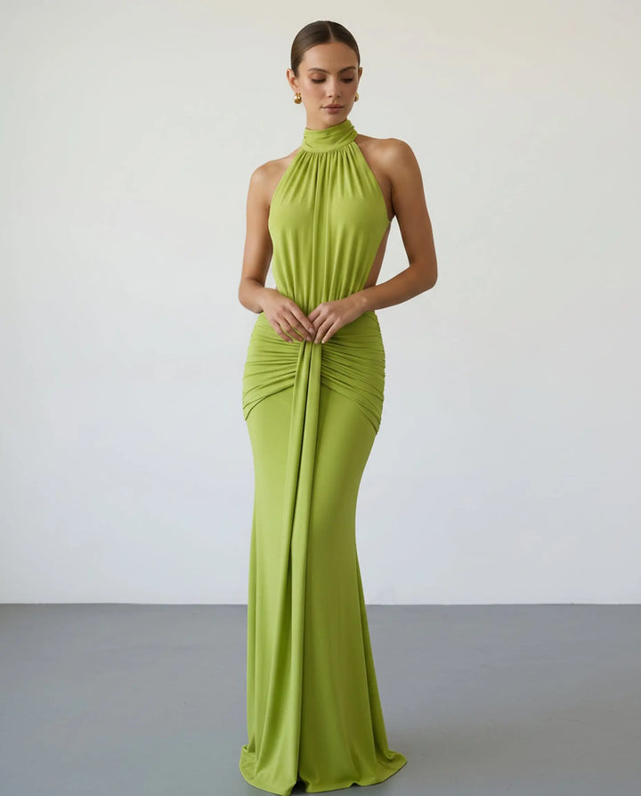 SOLACE  Green Halter Neck Ruched Open Back Maxi Dress 