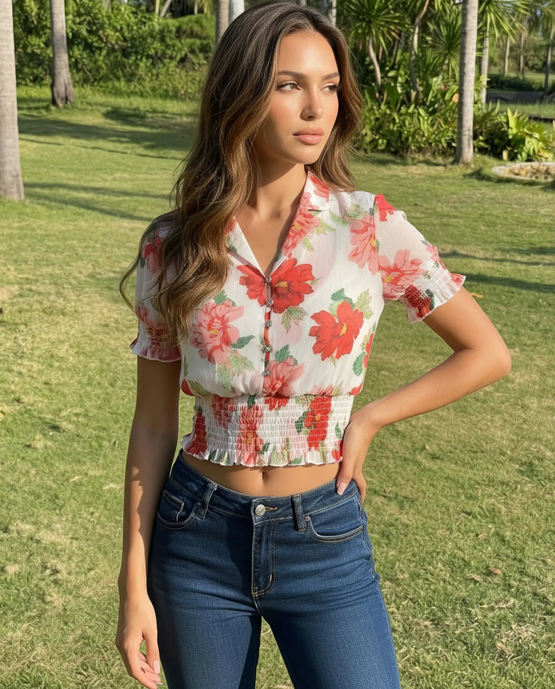 SOLACE  Floral Print Short Sleeve Cropped Shirt 