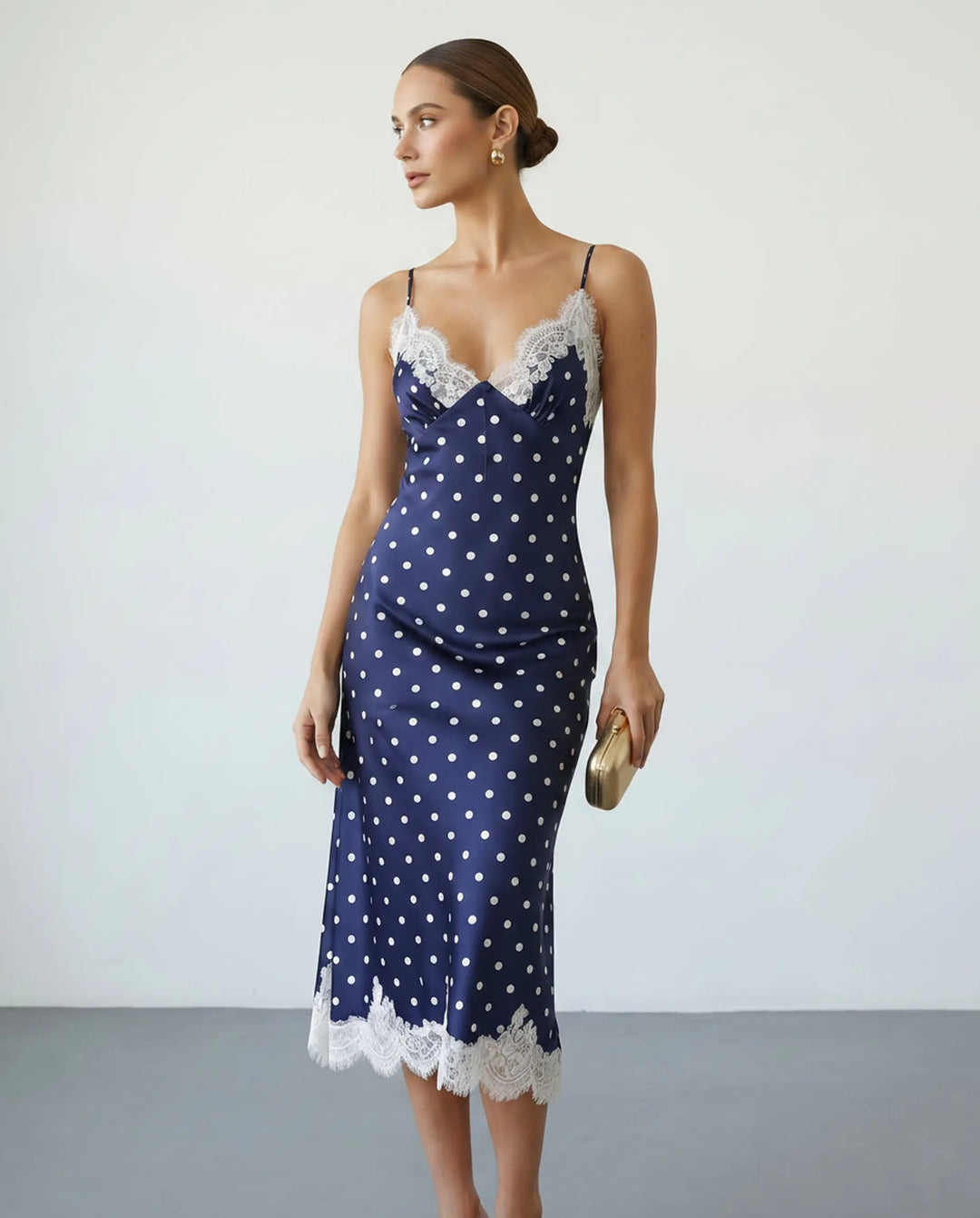 SOLACE  Navy Blue Polka Dot Lace Trim Satin Slip Midi Dress 