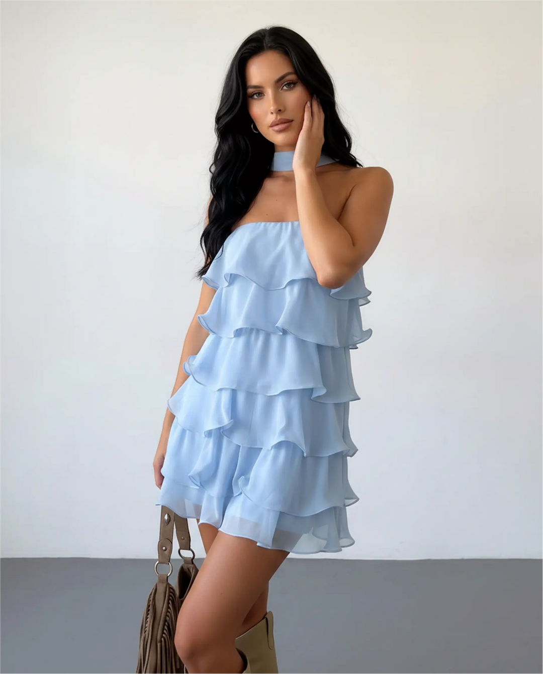 SOLACE  Light Blue Halter Neck Tiered Ruffle Mini Dress 