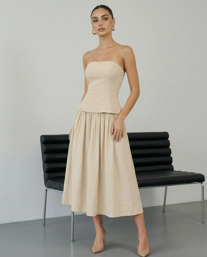 SOLACE  Beige Strapless Peplum Top Midi Skirt Two-Piece Dress 