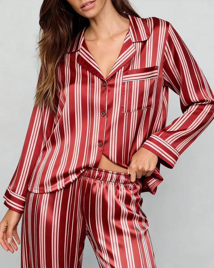 SOLACE CHICLong Sleeve Satin Three Stripes Pajama Set