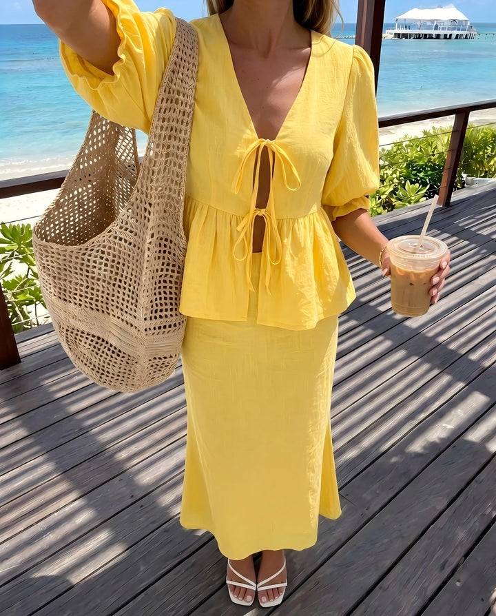 Yellow V Neck Double Front Tie Puff Sleeve Top Midi Skirt Two Piece Set
