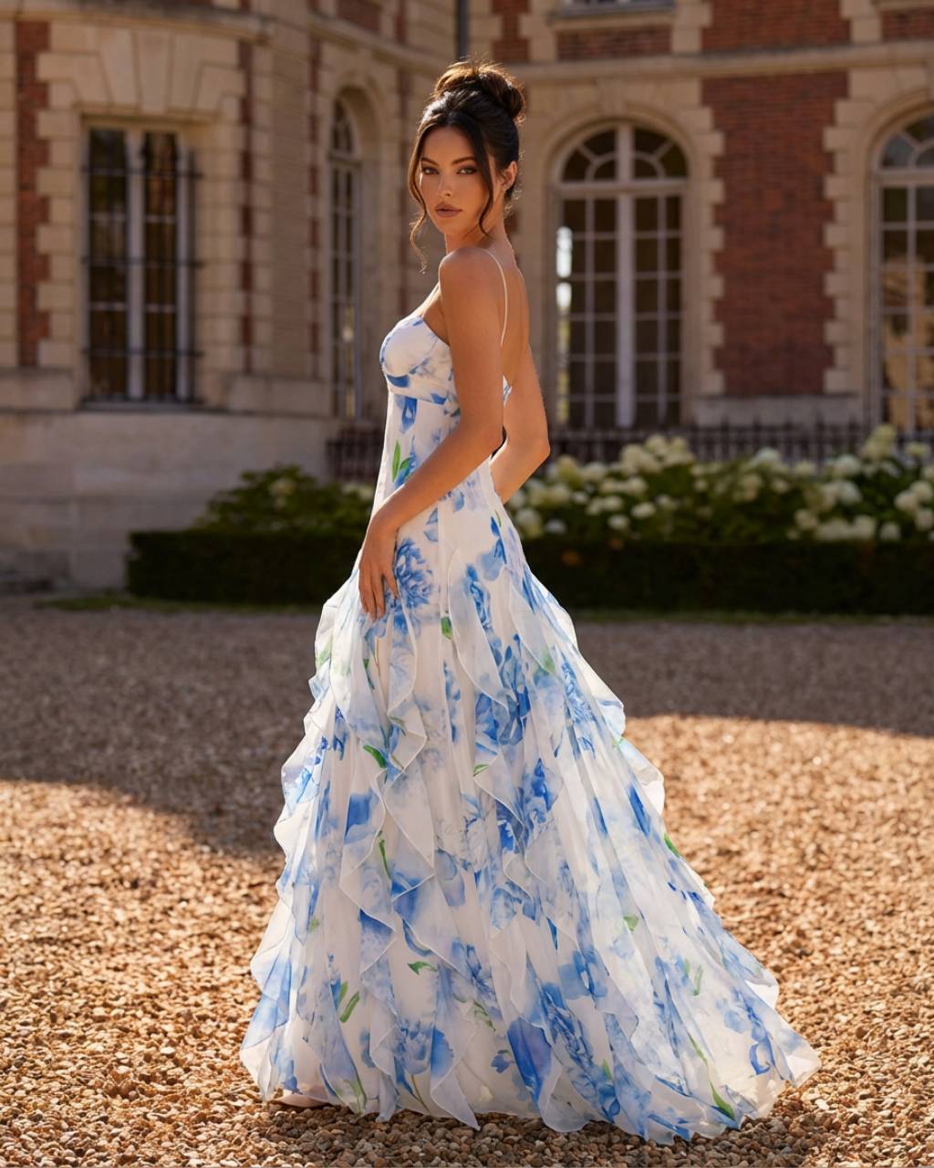 SOLACE  Blue Floral Print Spaghetti Strap Backless Ruffle Maxi Dress 