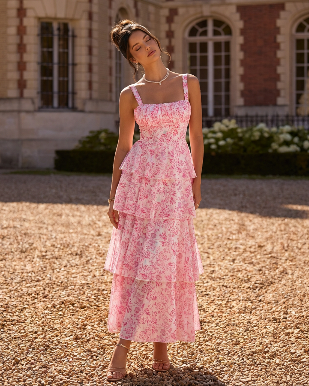 SOLACE  Pink Floral Square Neck Backless Bow Tie Ruffle Tiered Maxi Dress 