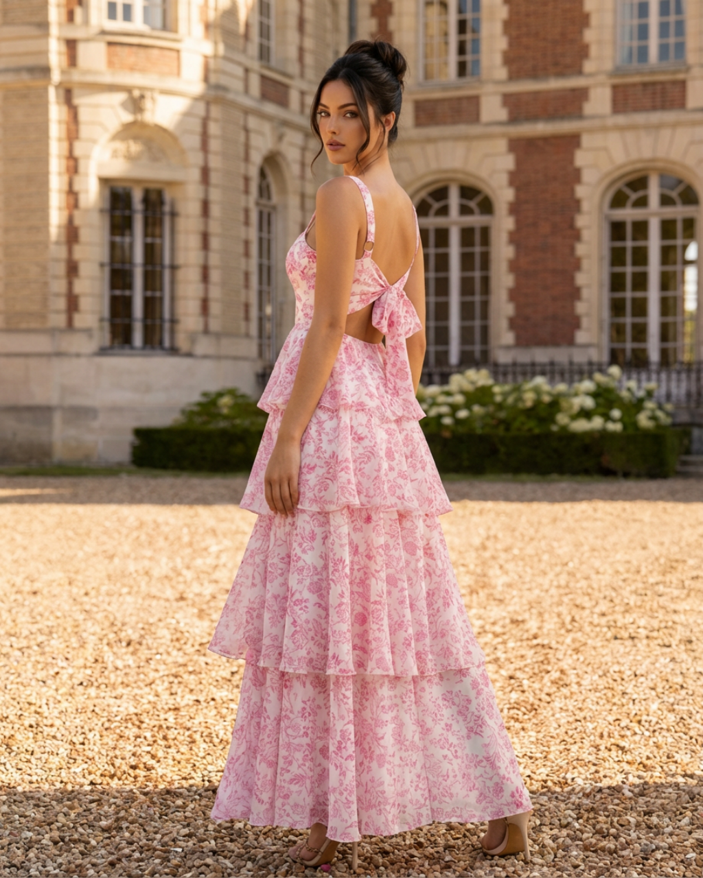 SOLACE  Pink Floral Square Neck Backless Bow Tie Ruffle Tiered Maxi Dress 