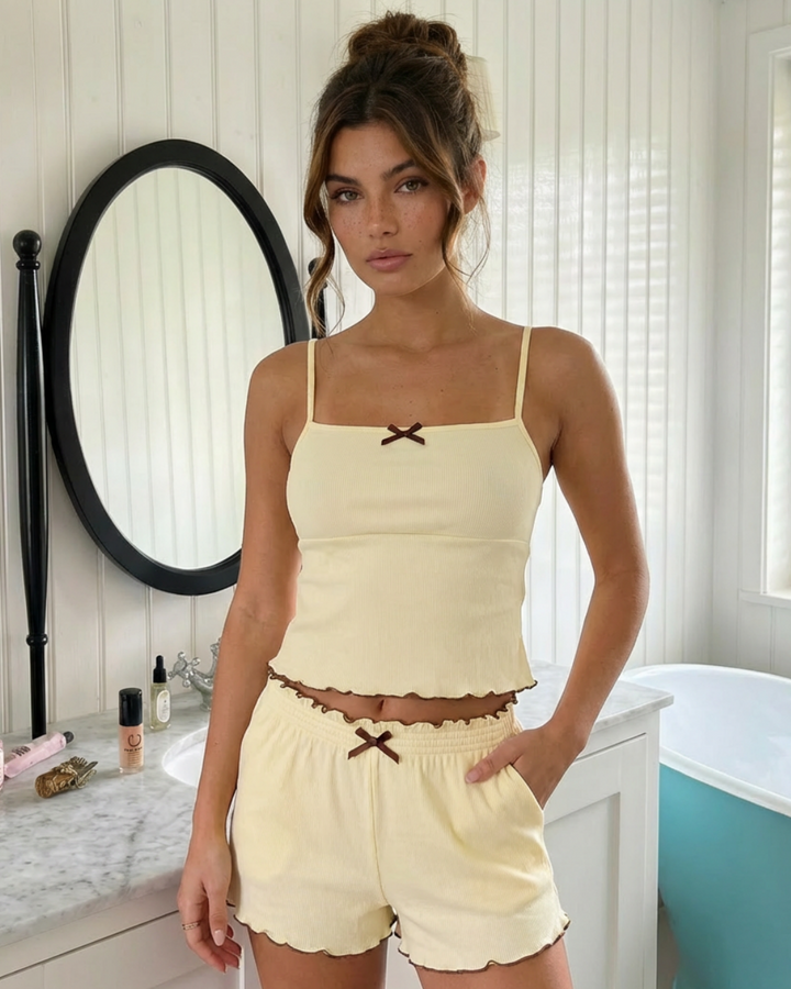 SOLACE  Pale Yellow Ribbed Knit Contrast Bow Detail Cami Top High Waist Shorts Set 