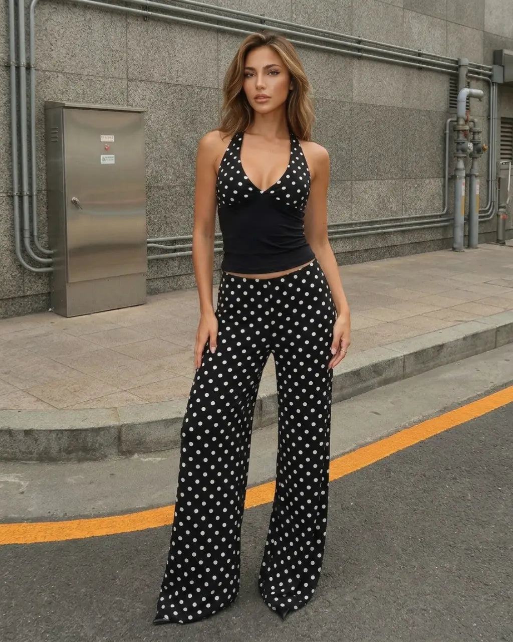 SOLACE  Black Polka Dot Halter Neck Tops Wide Leg Slim Fit Long Pants Set 