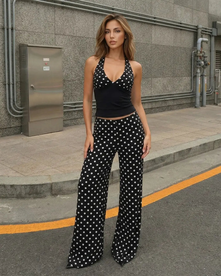 SOLACE  Black Polka Dot Halter Neck Tops Wide Leg Slim Fit Long Pants Set 
