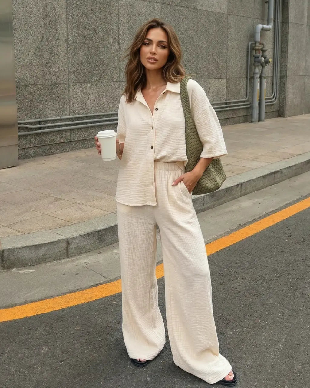 SOLACE  Beige Casual Linen Blend Tops Relaxed Long Pants Two Piece Set 