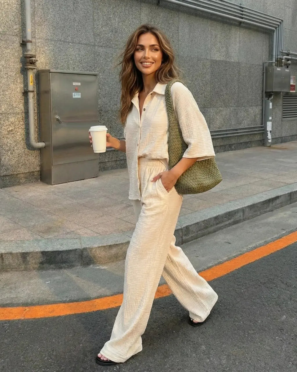 SOLACE  Beige Casual Linen Blend Tops Relaxed Long Pants Two Piece Set 