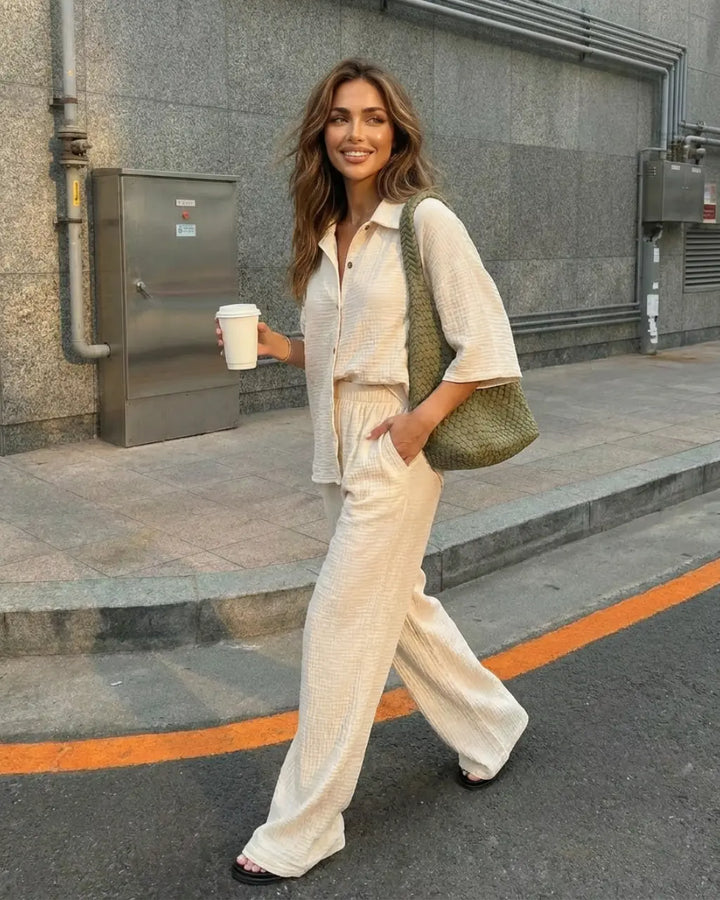 SOLACE  Beige Casual Linen Blend Tops Relaxed Long Pants Two Piece Set 