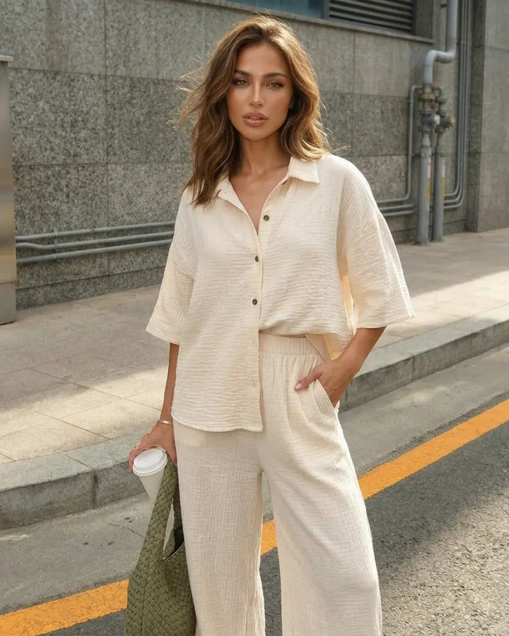 SOLACE  Beige Casual Linen Blend Tops Relaxed Long Pants Two Piece Set 